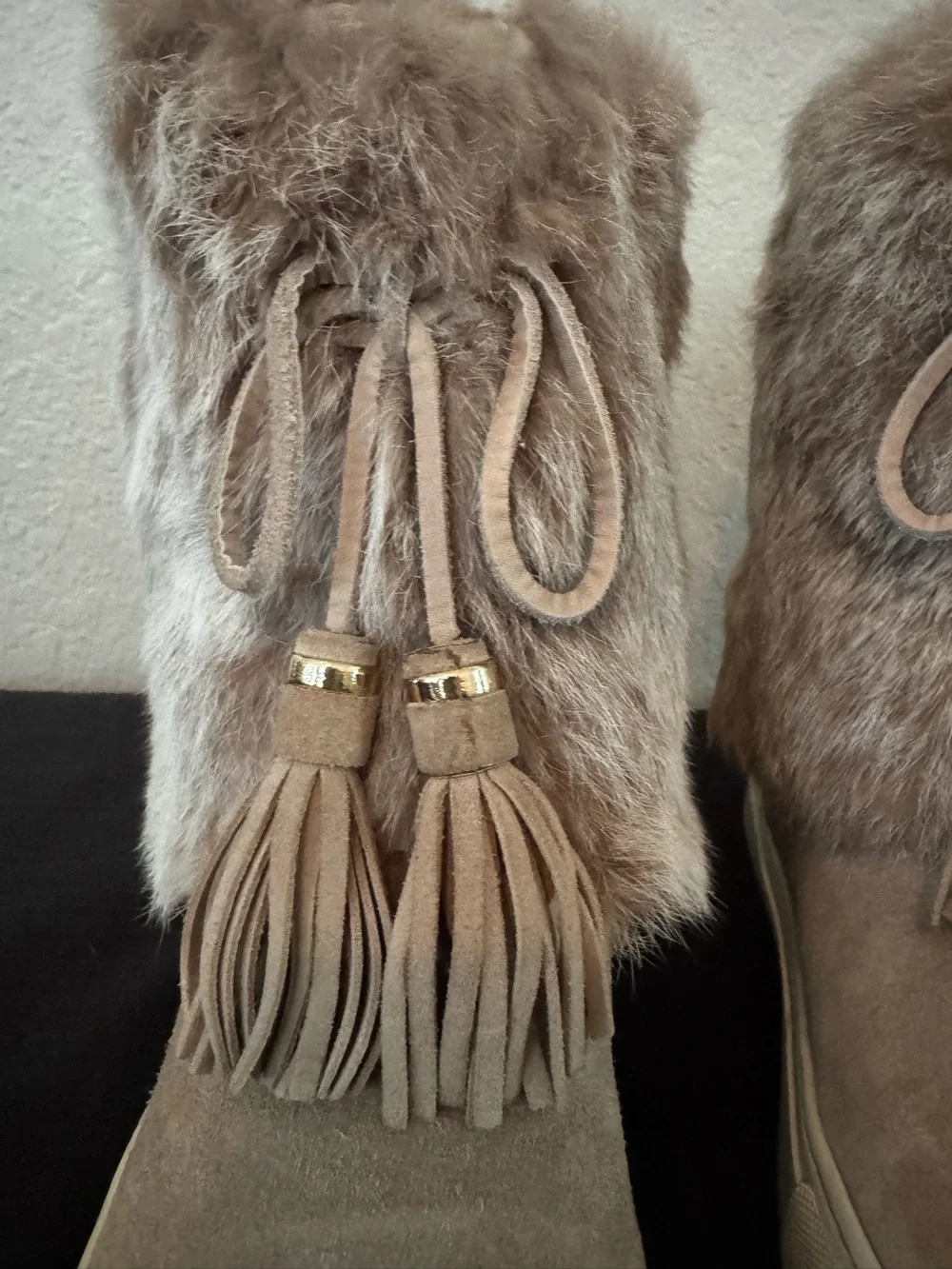 Tory Burch Taupe Faux Fur Tassel Ankle Booties